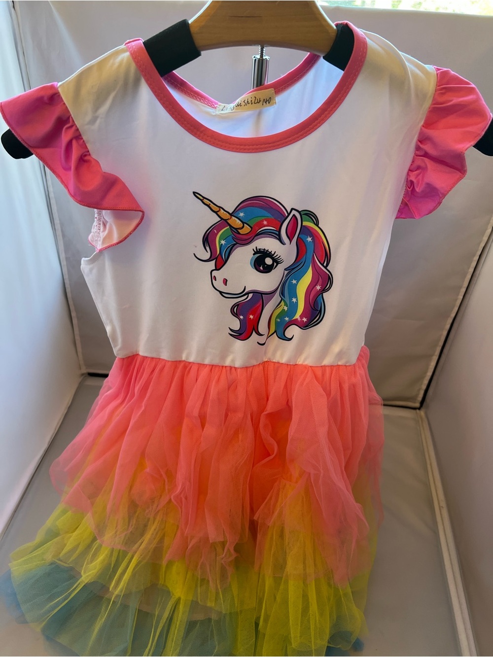 Girls Unicorn Rainbow Tulle Dress - Pink, White, Yellow, Blue